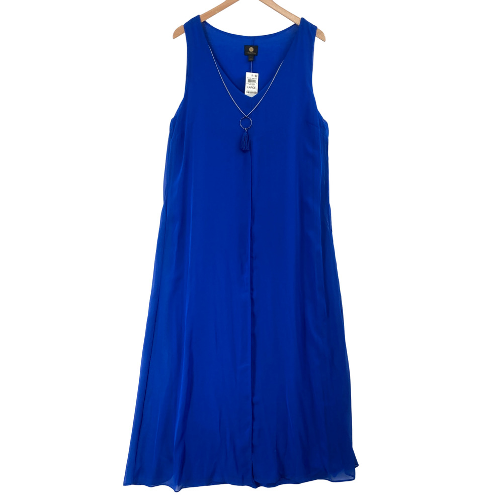 JM Collection Large Royal Blue Chiffon Maxi Dress Sleeveless V-Neck Tassel NWT